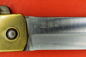 Close-up Japanese NAGAO HIGONOKAMI folding pocket knife bluesteel brass Japan