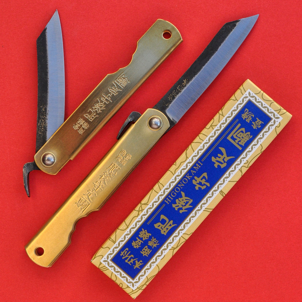 Japanese NAGAO HIGONOKAMI folding pocket knife bluesteel brass 97mm Aogami blue paper